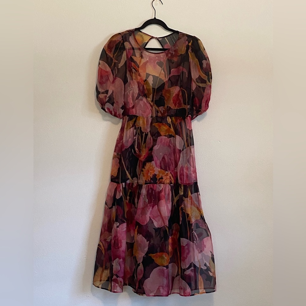 Large Pink, Orange, and Black Floral Midi Dress with Puff Sleeves